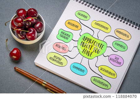 Appreciate what you have, gratitude and contentment with one's current circumstances, possessions, and relationships, lifestyle concept, mind map sketch Appreciate what you have, gratitude and contentment with one's current circumstances, possessions, and relationships, lifestyle concept, mind map sketch 118884070
