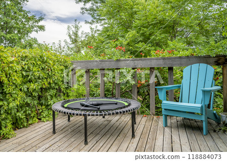 mini trampoline with a pair of Indian clubs for fitness exercising and rebounding in a backyard patio, summer scenery mini trampoline with a pair of Indian clubs for fitness exercising and rebounding in a backyard patio, summer scenery 118884073