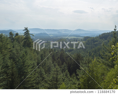 Panoramic view from sandstone rock viewpoint Ponorka, submarine at the top of 3 sandstone towers near Ceska Kamenice town. Summer landscape in Lusatian Mountains, green hills,oak and pine tree forest. 118884170