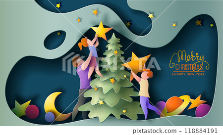 Merry Christmas card with scenes of family decorating Christmas tree, 118884191