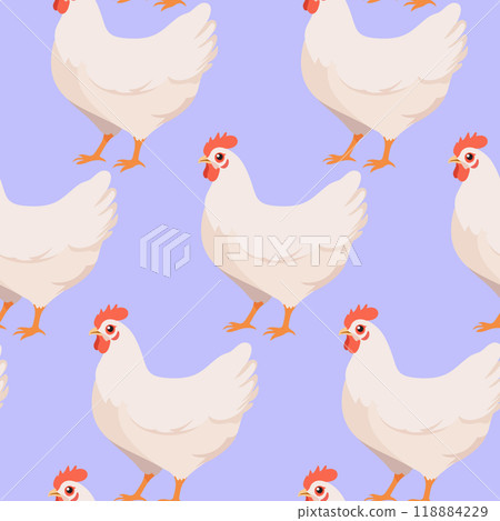 Vector seamless pattern with white hens on light lilac background 118884229