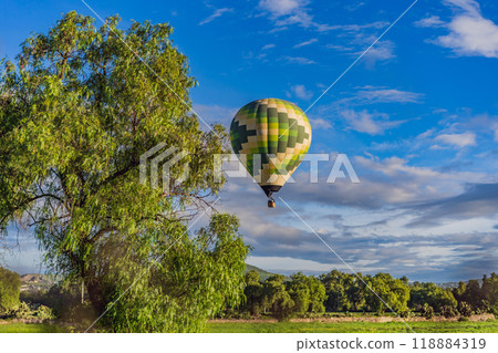 An aerial view of hot air balloons above the Teotihuacan pyramid. Adventure travel, cultural heritage, and aerial exploration concept An aerial view of hot air balloons above the Teotihuacan pyramid. Adventure travel, cultural heritage, and aerial exploration concept 118884319