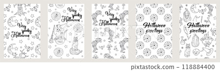 Set of Cards or posters with cute hand drawn Halloween illustrations and greetings Set of Cards or posters with cute hand drawn Halloween illustrations and greetings 118884400