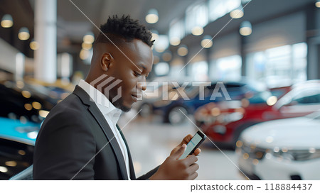 African american seller using smartphone at car showroom. Professional salesperson working in modern car dealership. Modern technology in dealership. 118884437