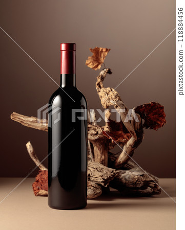 Bottle of red wine with a composition of old wood. 118884456