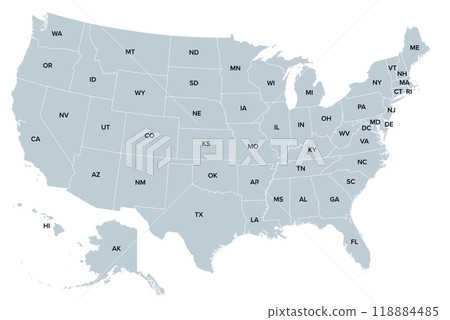 The United States of America, gray political map. Map with the silhouettes of fifty states and postal abbreviations, and with the federal District of Columbia, as it is used for statistics. Vector. 118884485