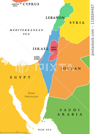 Israel, and the Sinai Peninsula, colorful political map. Southern Levant, arid geographical and historical region, encompassing Israel, Palestine, Jordan, Lebanon, southern Syria and Sinai Peninsula. 118884487