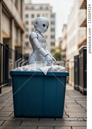 A robot next to a garbage container on a city street. robot cleaner 118884524