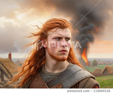 Man with long red hair and a beard stands in front of a fire 118884526