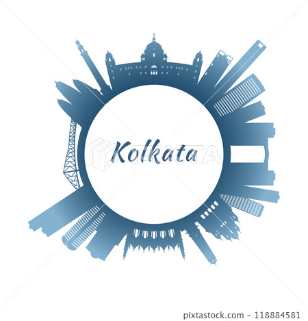 Circular Kolkata skyline silhouette with landmarks 118884581
