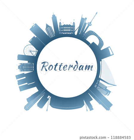 Circular skyline silhouette of Rotterdam in blue hues 118884583