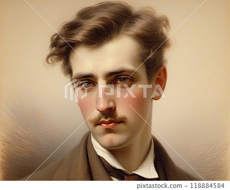 Painting of young man with mustache in suit and tie 118884584