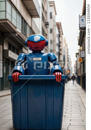 A robot next to a garbage container on a city street. robot cleaner 118884604