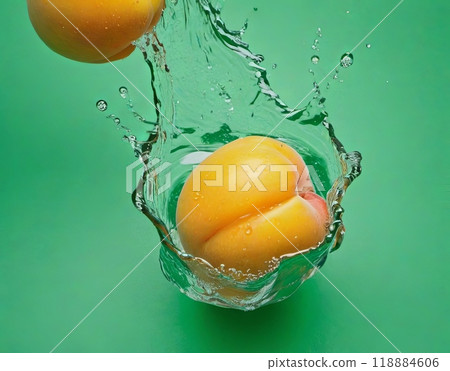 Ripe apricots fall into the water, creating splashes all around. Ripe apricots fall into the water, creating splashes all around. 118884606