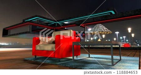 A red armchair with a cushion on a carpet. A table lamp on the table. A magnificent nighttime atmosphere in the courtyard of a private house. 3d rendering. 118884653