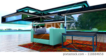 Celadon-colored chair on a rug on the open terrace in the courtyard of a prestigious mansion. Relaxing with a glass of martini. 3D rendering. 118884658