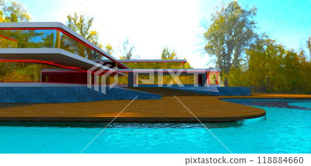 Compact countryside villa with a pool located in an autumn forest. Wooden terrace and daytime LED facade lighting. 3D rendering. Compact countryside villa with a pool located in an autumn forest. Wooden terrace and daytime LED facade lighting. 3D rendering. 118884660