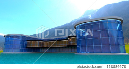 High-tech laboratory located on the shore of an eco-friendly lake, built in a remote mountainous area. 3D rendering. 118884678