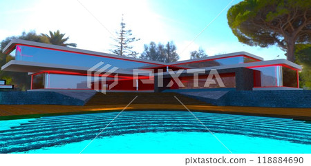 Rounded steps visible beneath the water of an azure pool in the elegant countryside house on a paradise island. 3D rendering. 118884690