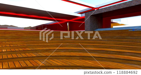 Rounded wooden steps of the staircase leading to a prestigious private villa with a glass facade. 3D rendering. 118884692