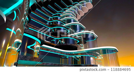 Unusual exterior of a futuristic building with a rounded glass facade in Copenhagen against the night sky. 3D rendering. 118884695