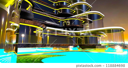 Yellow LED lighting illuminating elements of the curved glass exterior of a luxury hotel at night. 3D rendering. 118884698