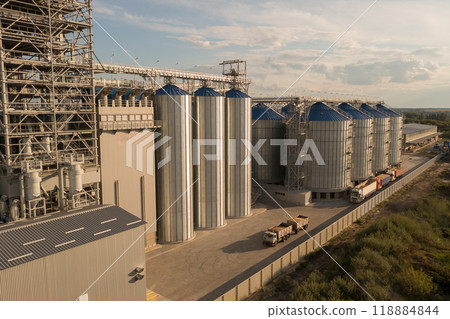 Aerial View of Grain Silos in Rural Landscape Aerial View of Grain Silos in Rural Landscape 118884844
