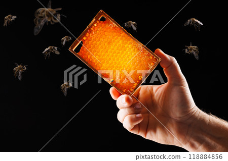 hand hold honeycomb close up surrounded by flying bees on dark background, beekeeping concept 118884856