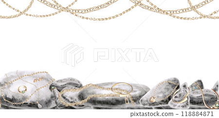 Rectangular frame of stones and gold hanging jewelry. Isolated watercolor illustration for design, magazines, web pages, jewelry blogs, sales, pawn shops Rectangular frame of stones and gold hanging jewelry. Isolated watercolor illustration for design, magazines, web pages, jewelry blogs, sales, pawn shops 118884871