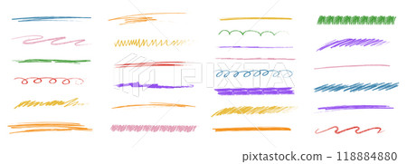 Chalk lines and squiggles, hand drawn doodle underlines thick line border, swoosh. Txtured sketchy crayon brush scribbles or wavy strokes Chalk lines and squiggles, hand drawn doodle underlines thick line border, swoosh. Txtured sketchy crayon brush scribbles or wavy strokes 118884880