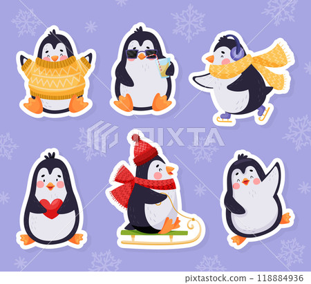 Cute Penguin Character with Cute Face Vector Sticker Set 118884936