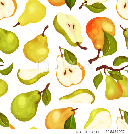 Fresh Pear Fruit Seamless Pattern Design with Garden Crop Vector Template 118884952
