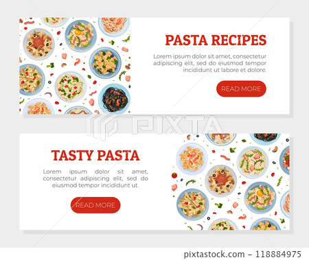 Pasta Dish Food Banner Design with Plate Serving Vector Template Pasta Dish Food Banner Design with Plate Serving Vector Template 118884975