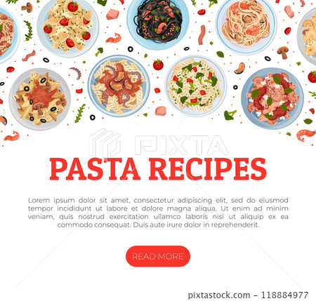 Pasta Dish Food Banner Design with Plate Serving Vector Template Pasta Dish Food Banner Design with Plate Serving Vector Template 118884977