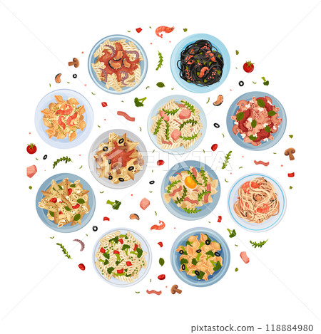 Pasta Dish Food Round Composition with Plate Serving Vector Template 118884980