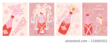 Set of poster with champagne. Champagne toast. Postcard for party, celebration new Year, merry christmas, birthday, 118885052