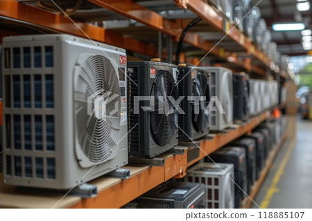 Neatly organized air conditioner units in warehouse for home and office cooling needs Neatly organized air conditioner units in warehouse for home and office cooling needs 118885107