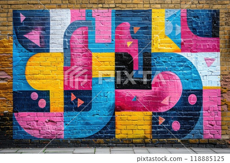 Vibrant Colorful Geometric Shapes Graffiti Displayed on Old Weathered Brick Wall in Urban Setting 118885125