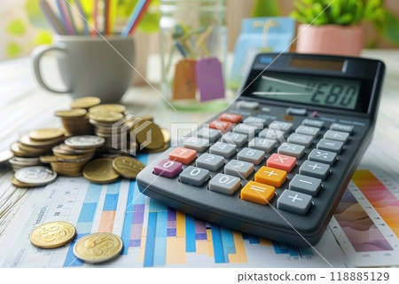 Calculator and coins on a wooden table with cup and plant in an office setting 118885129