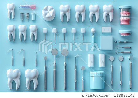 Dentistry tools and teeth on blue background. Dental health concept. 3d render 118885145