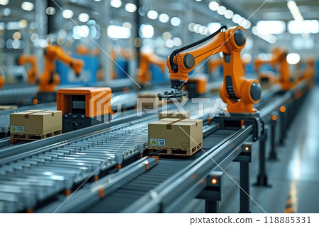 Orange Robot Arm Working on Conveyor Belt System in Advanced Manufacturing Plant 118885331