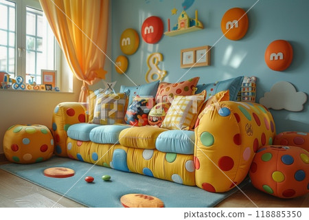 Playroom interior with a colorful sofa and accessories on the walls 118885350