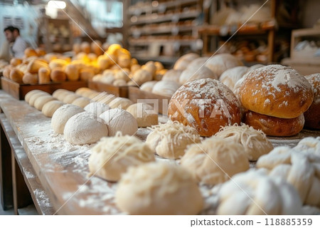 Freshly baked bread rolls on a table in a bakery with a blurred background Freshly baked bread rolls on a table in a bakery with a blurred background 118885359