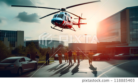 Red helicopter landing on helipad Red helicopter landing on helipad 118885403