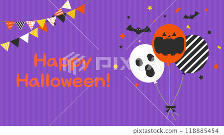 Cute Halloween balloons vector illustration on purple background [with text] [horizontal] 118885454