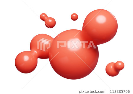 Red abstract liquid metaball shape. 3d render illustration of fluid soft bubble blob. Organic bright decorative sphere geometric form. Morphing ball aqua drop or molecule. Flow particles. 118885706