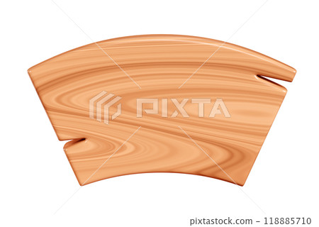 Wooden arch plaque with cracks for text box. Cartoon 3d render illustration of signboard with brown wood texture. Vintage rustic timber plank, nameplate or board frame with fracture. 118885710