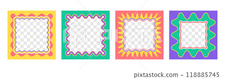 Set of color square squiggle photo frames, groovy wiggly borders with wavy scallop edges 118885745