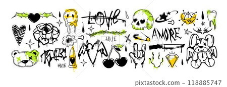 Spray paint graffiti ink bear, barbed wire, melting smile face emoji and street art stickers 118885747