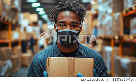A factory worker wearing a protective mask, holding a cardboard box in a warehouse, emphasizing safety and productivity 118885749